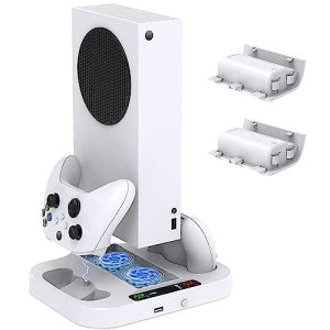Suporte de carregamento com ventilador de resfriamento para Xbox Series S, acessórios Estação de carregamento para Xbox Series S com 2 baterias recarregáveis de 1400 mAh, velocidade dos ventiladores de 3 níveis