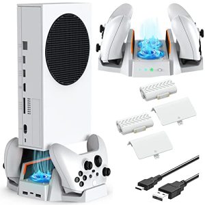 Suporte de resfriamento para Xbox Series S com ventiladores duplos de resfriamento 3 velocidades ajustáveis, carregador duplo controlador com porta USB com indicador LED - 2 baterias recarregáveis do controlador 800mAh