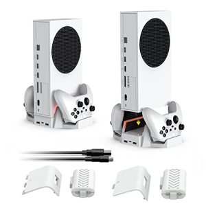 Suporte de resfriamento para Xbox Series S com ventilador de resfriamento duplo velocidade ajustável de 3 níveis, carregador de controlador duplo com porta USB indicador de LED -2x800mAh bateria recarregável para XSX|S/One S/One X/One
