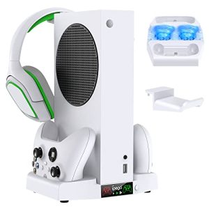 Suporte de resfriamento vertical para console Xbox Series S, Doca de estação de carregamento dupla MENEEA para controlador com ventiladores ajustáveis de 3 níveis e 1x suporte de fone de ouvido, acessórios de carregador de resfriamento (branco)